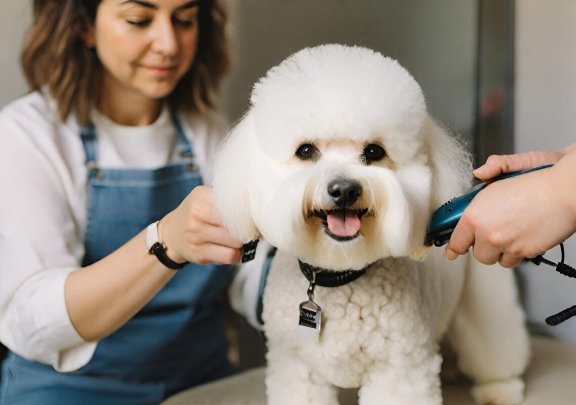 How to keep a Bichon Frise's coat white? 8 A Bichon Frise being groomed by a professional, highlighting the transformation from before to after the grooming session.