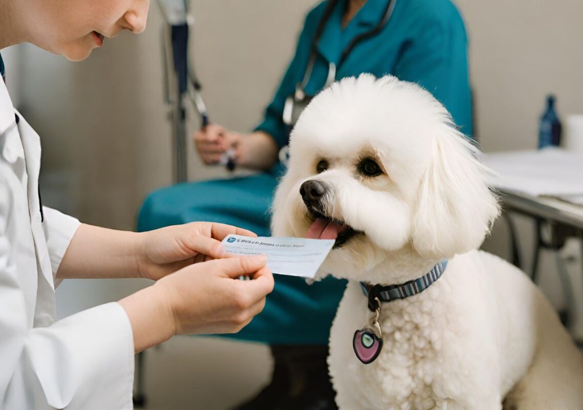 How to keep a Bichon Frise's coat white? 9 A Bichon Frise receiving a check-up from a vet, emphasizing the importance of regular health assessments for maintaining a healthy coat.