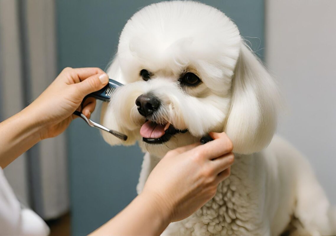 How to keep a Bichon Frise's coat white? 5 A Bichon Frise being gently brushed and combed as part of a daily grooming routine, showcasing the technique and the dog's enjoyment of the process.