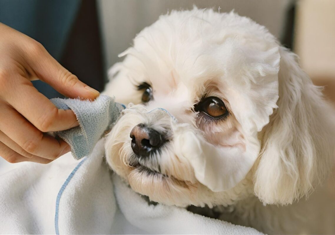 How to keep a Bichon Frise's coat white? 7 A Bichon Frise being gently cleaned around the eyes with a soft, damp cloth, illustrating careful stain removal.