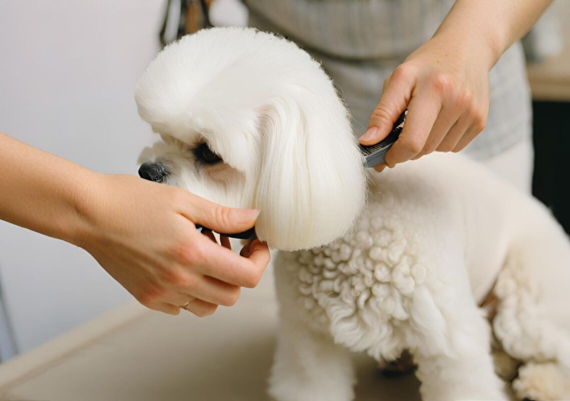 How to keep a Bichon Frise's coat white? 3 A Bichon Frise being gently brushed, highlighting the importance of regular grooming for health and appearance.