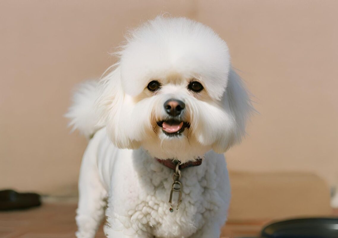 How to keep a Bichon Frise's coat white? 4 A Bichon Frise showcasing its fluffy, white double coat, highlighting the need for regular grooming to maintain its appearance.