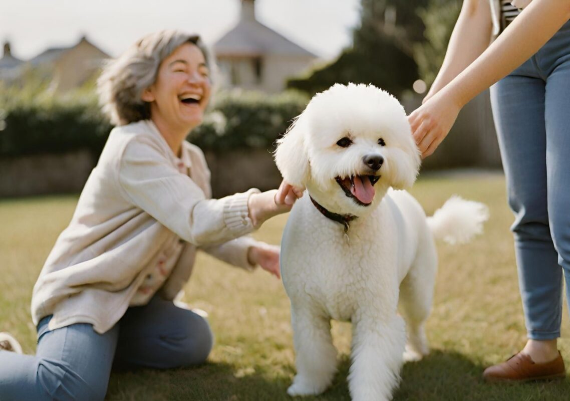 A joyful Bichon Frise playing with a family or showing affection to its owner, capturing the breed's sociable and loving nature.
