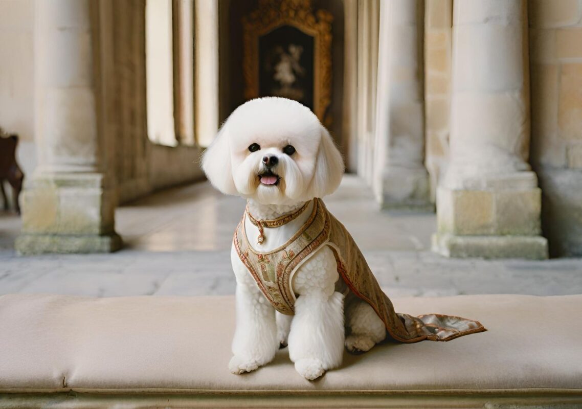 An artistic rendition of a Bichon Frise in a historical or royal setting, reflecting its noble origins and historical significance.
