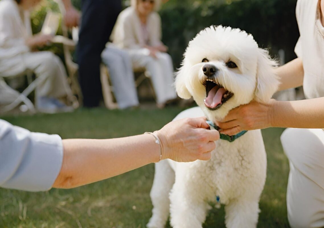 A Bichon Frise showing off its playful and affectionate nature, interacting with a family member or performing a trick, to capture the essence of their temperament and personality.