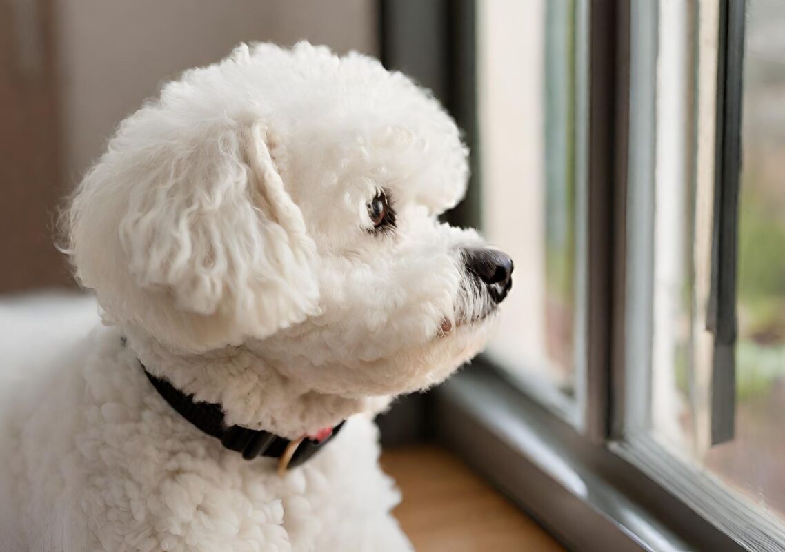 A Bichon Frise looking out a window or sitting by a door, representing the longing and anxiety they may feel when left alone. This image could evoke empathy and illustrate the emotional challenge of separation anxiety for the breed.