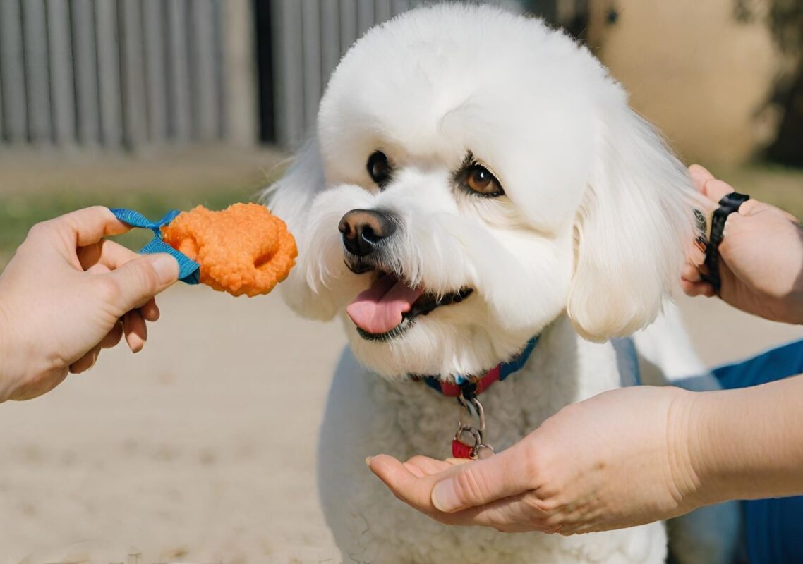 A Bichon Frise during a training session, possibly looking distracted or uninterested, with an owner displaying patience and holding a treat or toy to regain the dog's attention. This image can highlight the challenge of overcoming stubbornness with positive reinforcement and eng