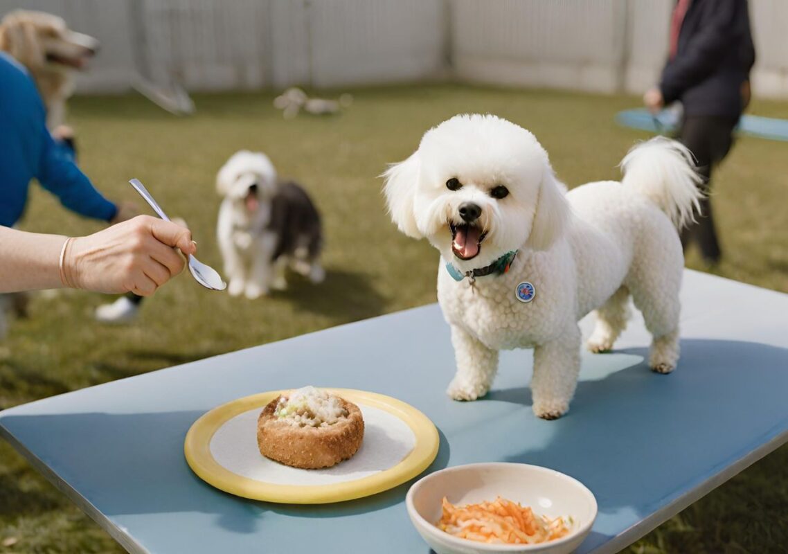 A Bichon Frise enjoying a healthy meal, engaging in exercise like a playful walk or agility course, and visiting a vet for a check-up, to illustrate the importance of health and well-being in maintaining good behavior.