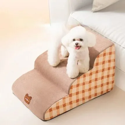Bichon Bear Stairs – soft memory foam pet stairs for small dogs. Gentle, washable, anti-slip steps with cute design. Perfect for bed or sofa access.