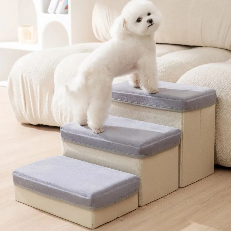 Bichon Frise Stairs – 3-step dog ramp with storage. Anti-slip, washable suede design helps your small dog reach furniture safely and comfortably.