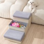 Bichon Frise Stairs – 3-step dog ramp with storage. Anti-slip, washable suede design helps your small dog reach furniture safely and comfortably.