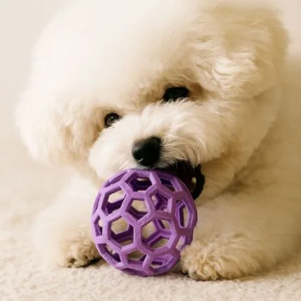 Bichon HexaBall – colorful, hollow chew toy for dogs. Cleans teeth, boosts play, and made with safe, non-toxic TPR. Perfect for Bichon Frise and toy breeds.