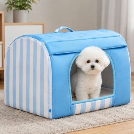 Bichon Frise sitting inside a blue cooling igloo dog house