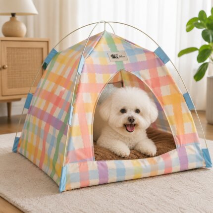 Bichon Frise lying inside a pastel Bichon Frise Tent Bed