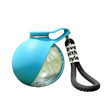 Blue spherical portable dog water bottle with wrist strap