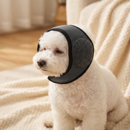 Bichon Frise in calming ear muffs, side view