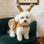 Bichon Frise wearing the snail hood with eye-stalk antennae and bow tie